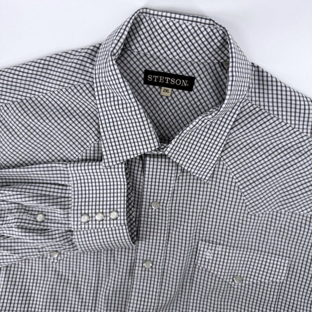 Stetson Western Pearl Snap Shirt Men 2XL Black White Check Long Sleeve Button Up